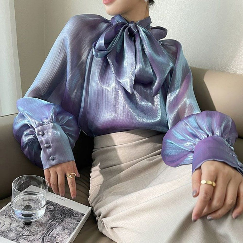 Tie Neck Satin Blouse with Bow | Women Retro Long Sleeve Office Shimmer Top#1267